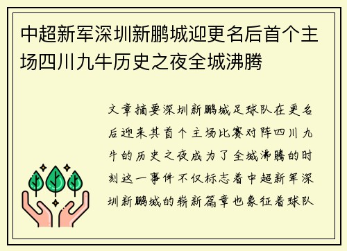 中超新军深圳新鹏城迎更名后首个主场四川九牛历史之夜全城沸腾