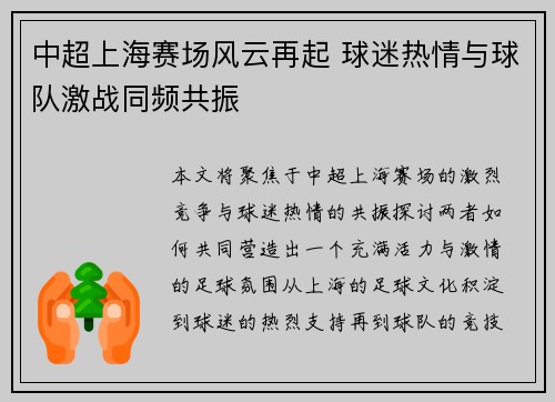 中超上海赛场风云再起 球迷热情与球队激战同频共振 中超上海赛场风云再起 球迷热情与球队激战同频共振